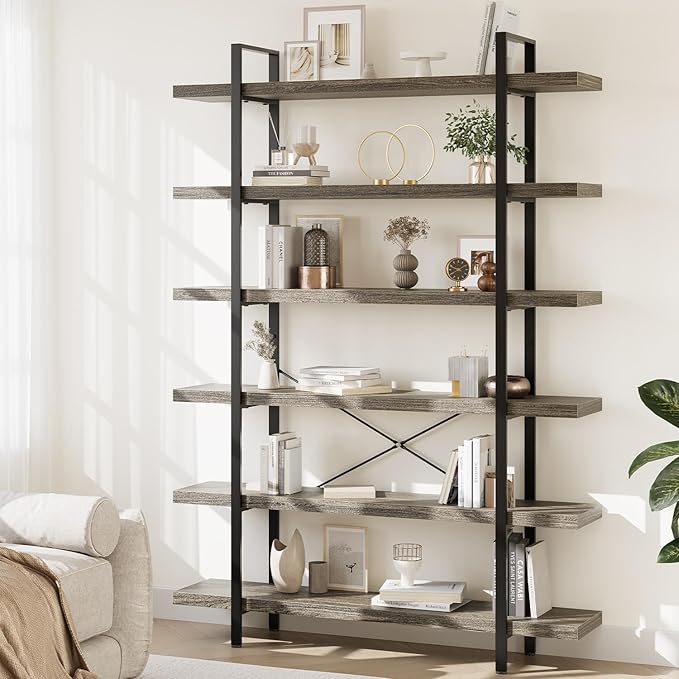 Bookcase, 47 Inch Wide Wood Bookshelf, 120lbs Shelf Capacity Estante, Rustic Open Shelving Industrial Display with Reinforced Horizontal Shelves for Living Room Bedroom Office (6 Tier - Grey)