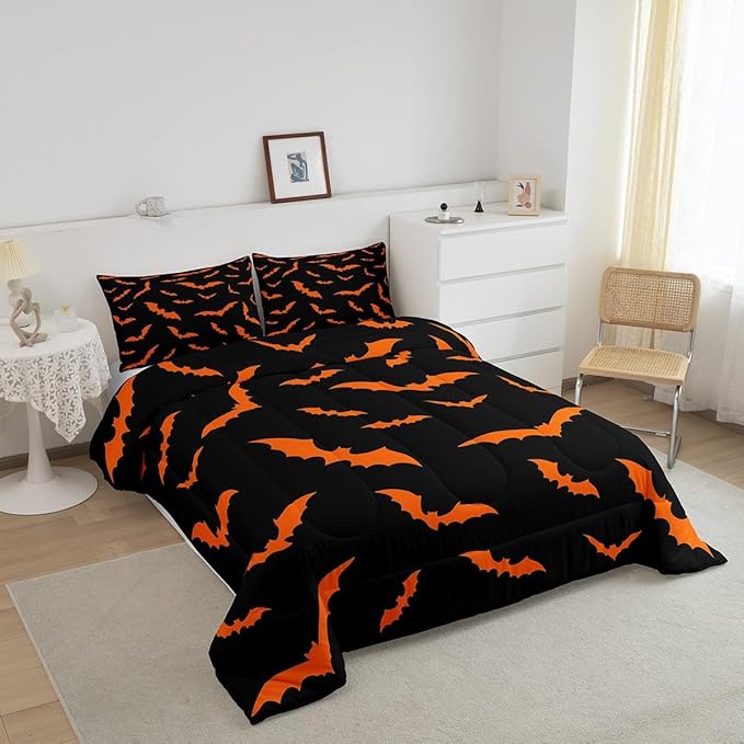 Erosebridal Happy Halloween Quilt Full Size for Kids Boys Bats Animal Silhouette Comforter Set Orange Bats Animal Bedding Set Gothic Spooky Down Comforter with 2 Pillow Cases