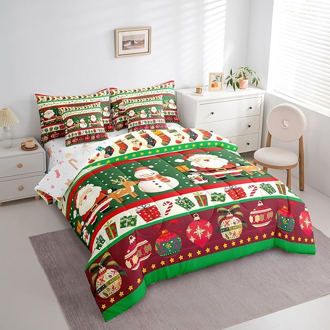 Feelyou Christmas Santa Claus Comforter Set with Sheets Cartoon Stockings Deer Bedding Set for Kids Boys Girls Teens Decor Christmas Snowflake Bed in a Bag Kawaii Bed Set 7Pcs Queen Size