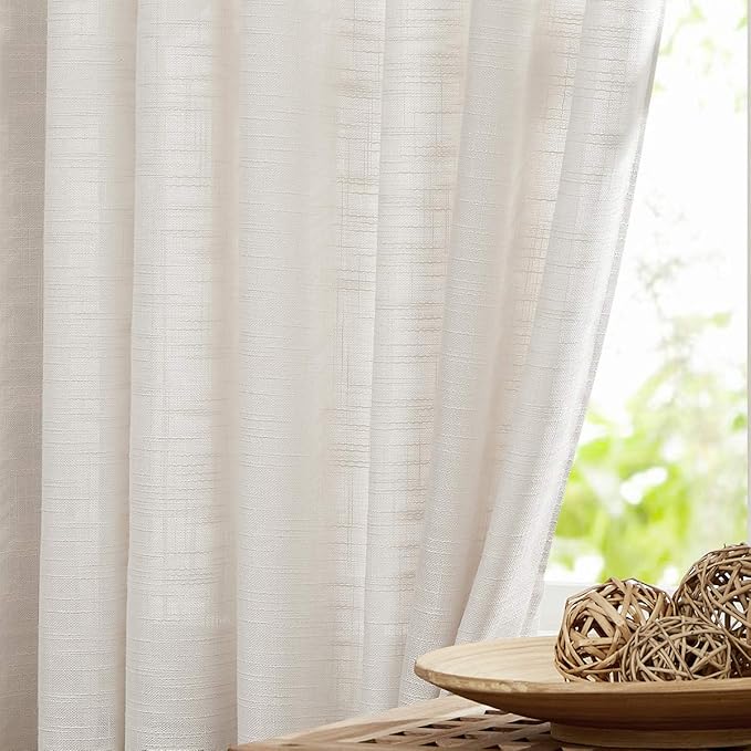 FMFUNCTEX Linen Semi Sheer Curtains for Bedroom, Natural Curtains 90 Inches Long for Living Room, Country Farmhouse Sheer Drapes, Light Filtering Window Curtain, Grommet Top 2 Panels