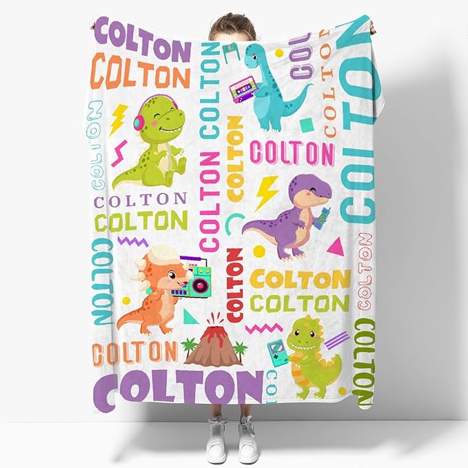 Dinosaur Lover Personalized Blanket with Custom Baby Dinosaur Custom Name Flannel Blanket Soft Throw Meaningful Gift for Toddlers Girls Boys Kids Pets 80 * 60" L for Adult