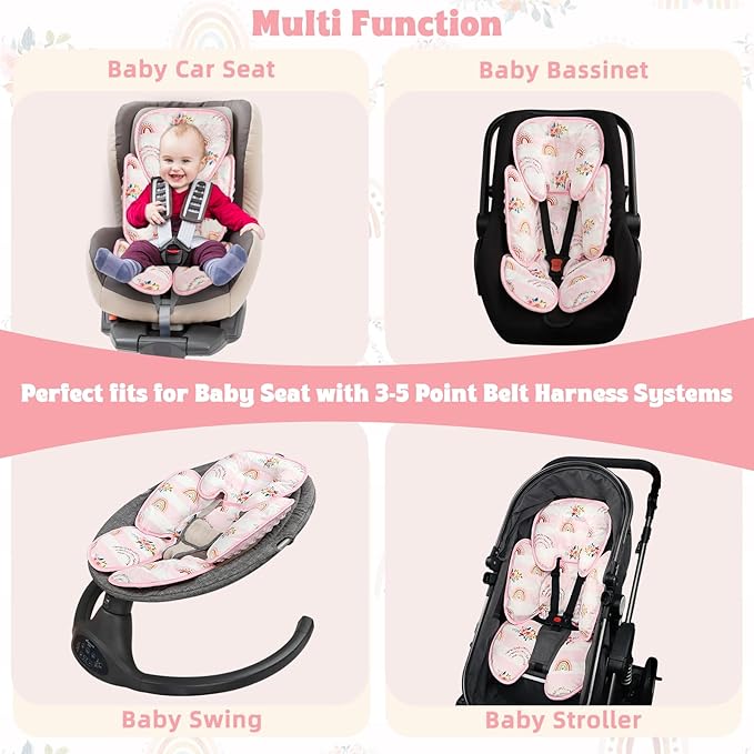 Pea Pod Infant Car Seat Insert 2-in-1 Baby Car Seat Head & Body Support for Newborn Preemie Carseat Stroller Cushion Pad Headrest with Soft Minky Dot Fabric Backing, Rainbow & Floral