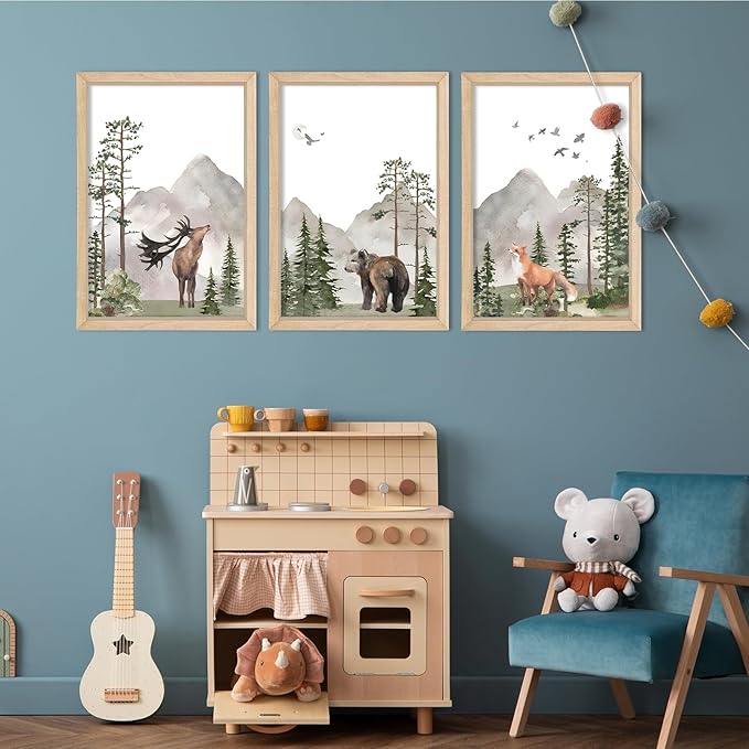 YWJKWLGS Wild Woodland Animals Nursery Wall Art Decor 11"×16" Set of 3 Jungle Theme Safari Forest Deer Bear Fox Posters Wood Framed Sign for Children's Boys Girls Room Watercolor Prints Hanging (Wood)