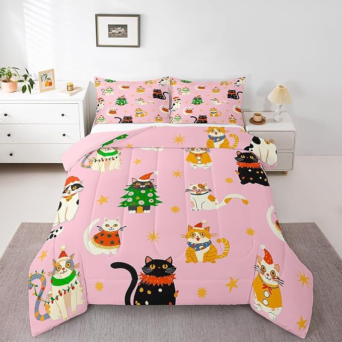 Erosebridal Christmas Decor Quilts Cute Cats Comforter Set Twin Size for Kids Boys Girls Bedroom Xmas Tree Bedding Set Cartoon Animal Down Comforter with 1 Pillow Case