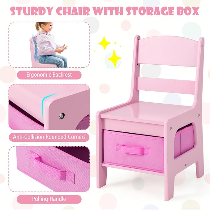 HONEY JOY Kids Table and Chairs, 3-in-1 Children Wooden Activity Set with Storage, Detachable Tabletop, for Art, Craft, Drawing, Reading, Gift for Toddlers Boys Girls 3-7 Years Old (Pink)