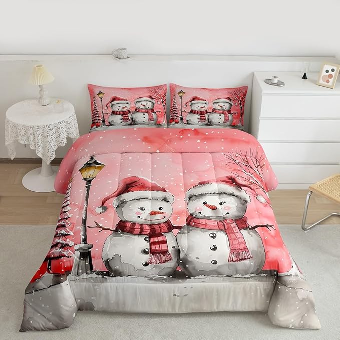 Feelyou Christmas Bedding Set Soft for Boys Girls, Pink Watercolor Snowman Comforter Set Full Size Xmas Winter Duvet Quilt Microfiber Snowflake Bedroom Decor 3 Pcs with 2 Pillow Cases