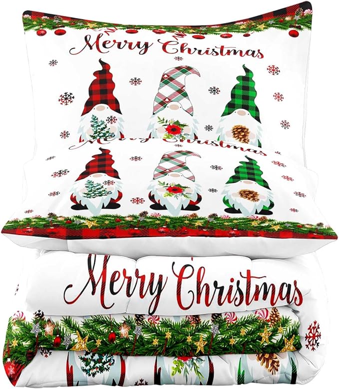 LUVIVIHOME 3PCS Merry Christmas Comforter Set King Size, Gnomes Bedding, Cute Christmas Bedroom Decor for Kids Boys Girls Teens, Xmas Gifts, Buffalo Plaid Christmas Gnomes Decorations, 2 Pillow Cases