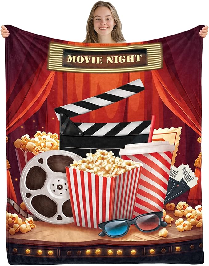 Movie Theme Blanket Gifts for Women Girls, Movie Night Supplies, Movies Theater Gift for Movies Lover Gifts for Christmas, Ideal Theater Decor for Sofa Couch Bed, Theatre Gift Blanket 50"x60"