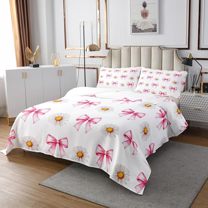Pink Bowknot Kids Bedspread Queen Size,Daisy Flowers Bow Tie Knot Princess Coverlet Set,Girls Women Room Decor,Plant Floral Bows Romantic Quilted Coverlet,Boho Chic Bedding Quilt,2 Pillowcases