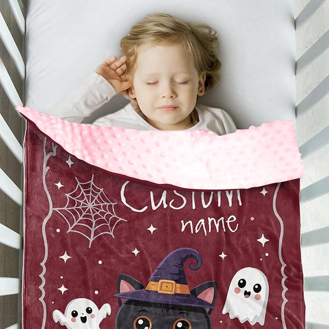 Personalized Halloween Blanket for Girls, Custom Baby Blanket with Name, Cute Cat Theme Soft Minky Dot Blanket, Halloween Decor Christmas Birthday Gifts for Kids Toddlers