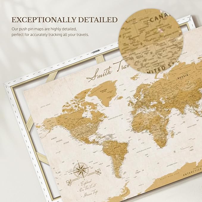 ElephantStock - Personalized Travel Push Pin World Map Wall Art - Horizontal Canvas Wall Art - Living Room Wall Decor - Digital Art Map Canvas Art - Orange And Beige Decor - 12" x 8"