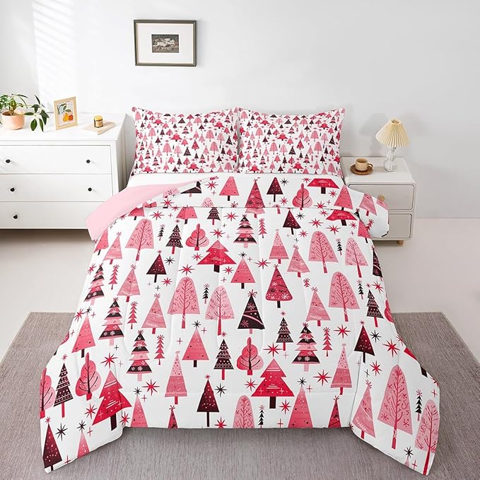 Manfei Pink Xmas Trees Comforter Set Queen Size, Christmas Theme Bedding Set 3pcs for Kids Boys Girls Adults Room Decor, Happy New Year Down Comforter Soft Polyester Quilt Set with 2 Pillowcases