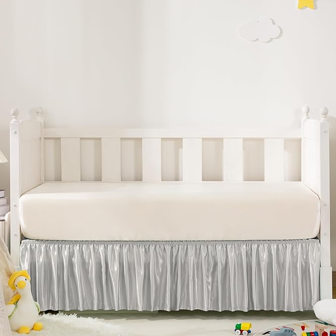 Light Grey Satin Crib Bed Skirt, 52" x 28" with 14" Drop Silky Soft Baby Crib Skirt for Baby Girls or Boys, Fit for Standard Crib & Toddler Bedding