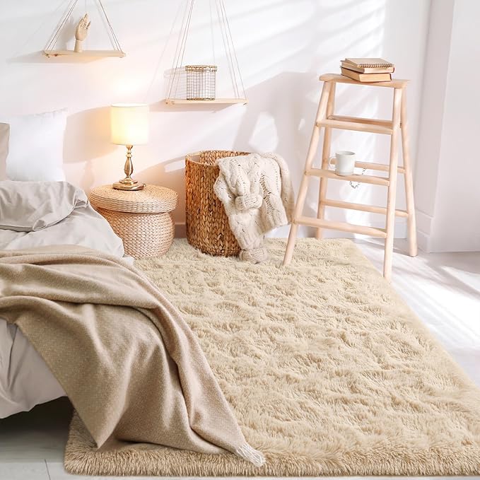 BENRON Fluffy Beige Rugs for Living Room Bedroom 4x6, Soft Plush Fuzzy Shaggy Rugs for Kids Girls Boys Room Decor, Washable Indoor Floor Carpets