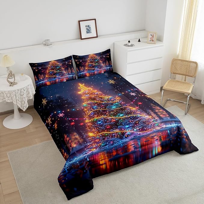 3D Christmas Tree Comforter Set Twin Size,Snowflake Glitter Polka Dot Bedding Set for Kids Boys Girls Room Decor,Merry Christmas Quilt Set 2Pcs,Xmas Neon Style Fashion Duvet Insert,1 Pillowcase