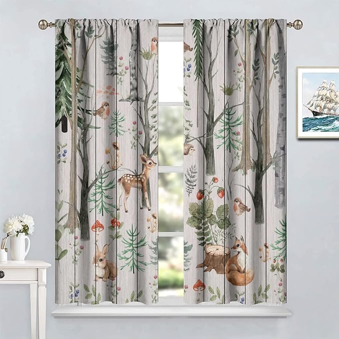 Forest Animal Curtains,Winter Dry Branches Pine Tree Moose Bear Animal Print Curtains for Children Boys and Girls Bedroom Living Room 55x63in