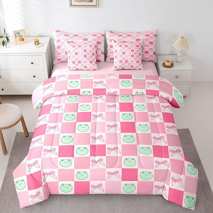 7 Pieces Cartoon Frog Kids Comforter Set King,Pink Bowknot Bow Tie Butterfly Knot Bedding Set,Geometric Plaid Grid Patchwork Cute（Comforter+Fitted+Flat Sheet+2 Pillowcases+2 Throw Pillow Covers）