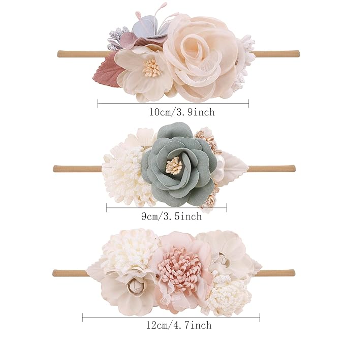 cherrboll 3pcs Baby Girl Flower Headbands, Super Soft & Stretchy Nylon Floral Hairbands for Newborn Toddler