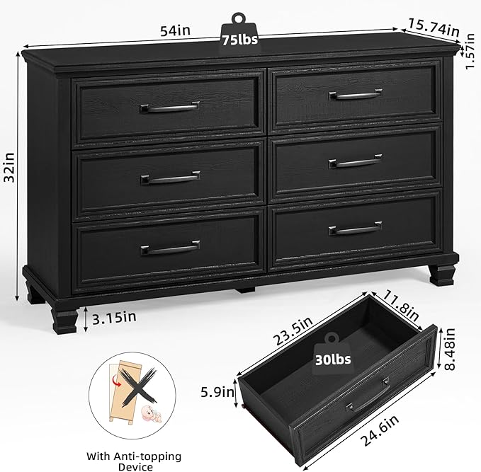 Farmhouse Black Bedroom Sets of 4, Includes 6 Drawer Large Dresser, Vintage Night Stand with 3 Drawers, Small 5 Chest of Drawers, Wood Rustic Dresser & Nightstand Set for Bedroom, Home