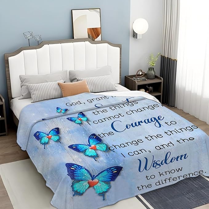 Tijuboni Christian Serenity Prayer Throw Blanket Blue Butterfly Gifts for Women Men Girls Boys Kids Adults Soft Flannel Fleece Blanket for Couch Sofa Bed Home Decor 50"x60"