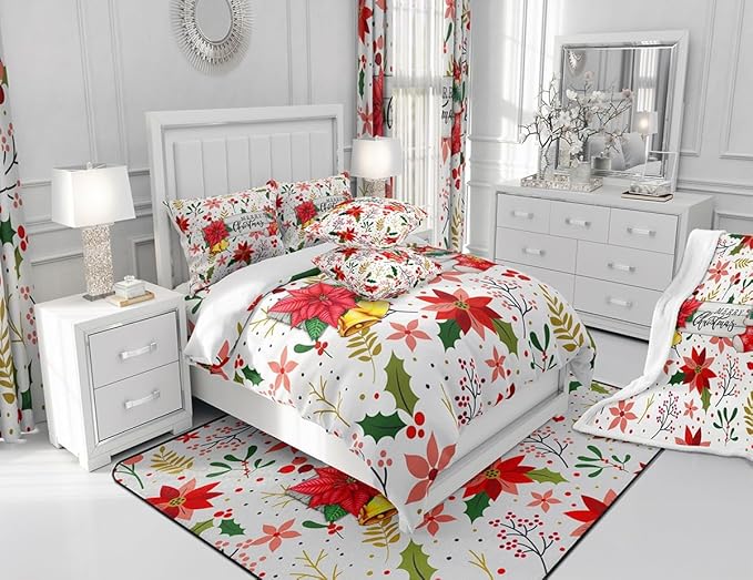 Castle Fairy Merry Christmas Comforter Set Twin Size,Red Xmas Flowers Berry Leaves Plant Bedding Set for Kids Boys Men,Floral Themed Bell Socks Print Quilted Duvet Set with 1 Pillowcase