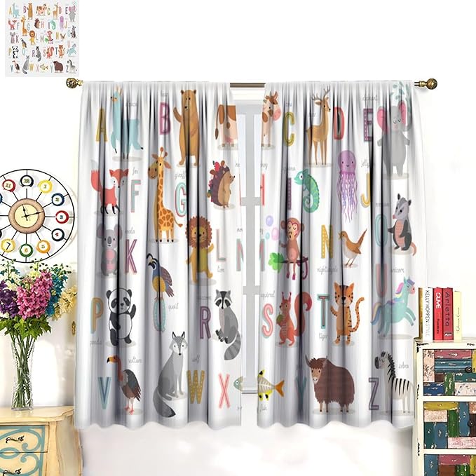 Kids Alphabet Curtains Cute Cartoon Animal Funny Educational Learning Curtain with Rod Pocket for Nursery Bedroom Playroom Home Decor Drapes Window Treatments 2 Panels Set 42" W X 45" L