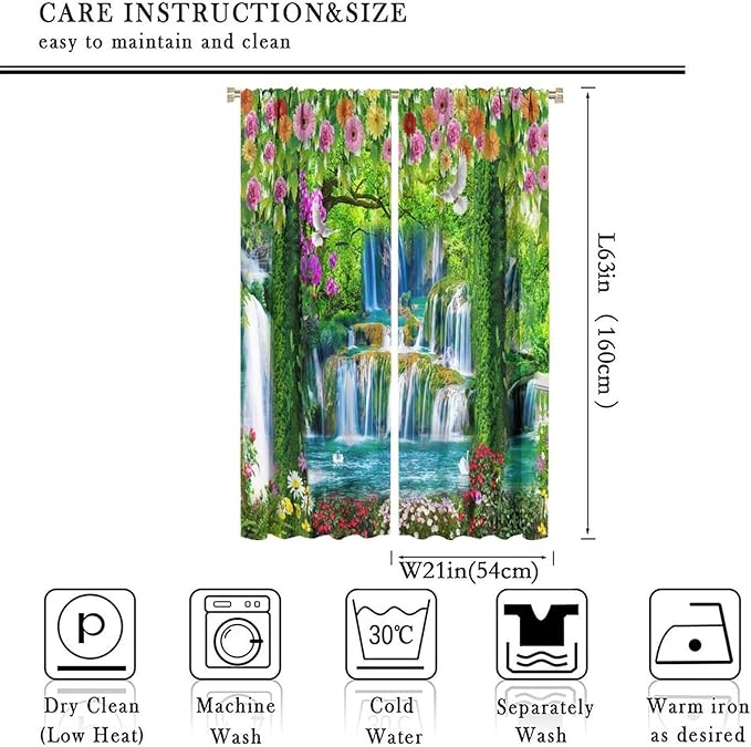 Jungle Nature Blackout Window Curtains, Trees Scenic Waterfall and River Spring Pattern Print Window Drapes, for Living Room Bedroom 42x63in 2 Panels