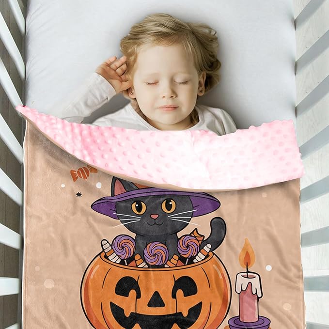 Personalized Halloween Blanket for Girls, Custom Baby Blanket with Name, Cat Pumpkin Theme Soft Minky Dot Blanket, Halloween Decor Christmas Birthday Gifts for Kids Toddlers