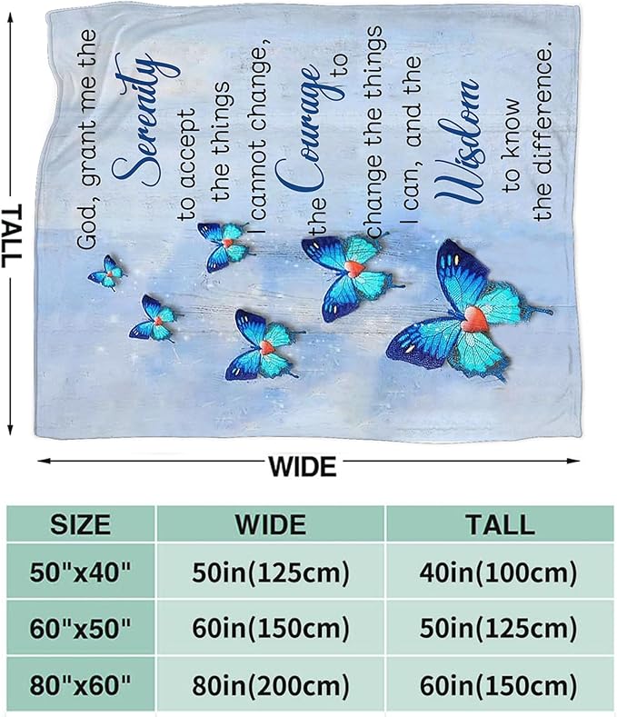 Tijuboni Christian Serenity Prayer Throw Blanket Blue Butterfly Gifts for Women Men Girls Boys Kids Adults Soft Flannel Fleece Blanket for Couch Sofa Bed Home Decor 50"x60"