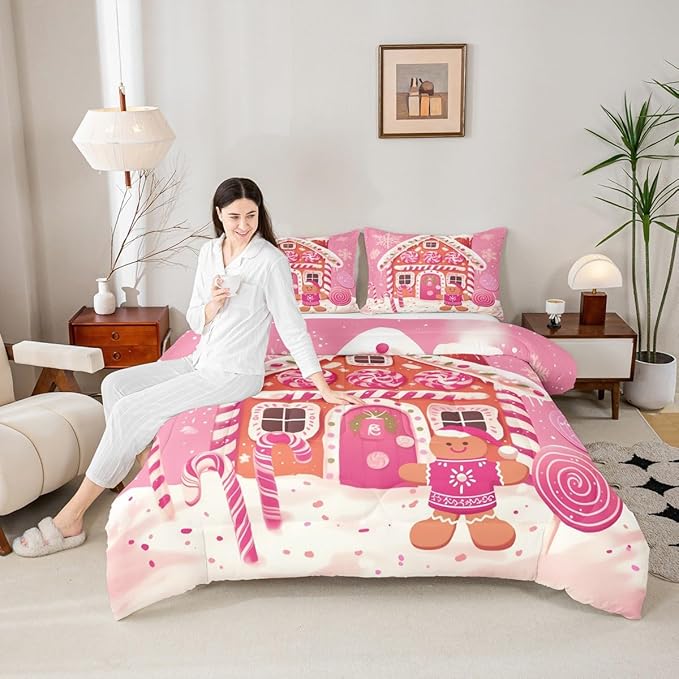 jejeloiu Kids Christmas Theme Comforter Set Full Size Xmas Gingerbread Man Candy Cane House Bedding Set for Boys Girls Teens Hot Pink Winter Happy New Year Duvet Quilt Room Decor