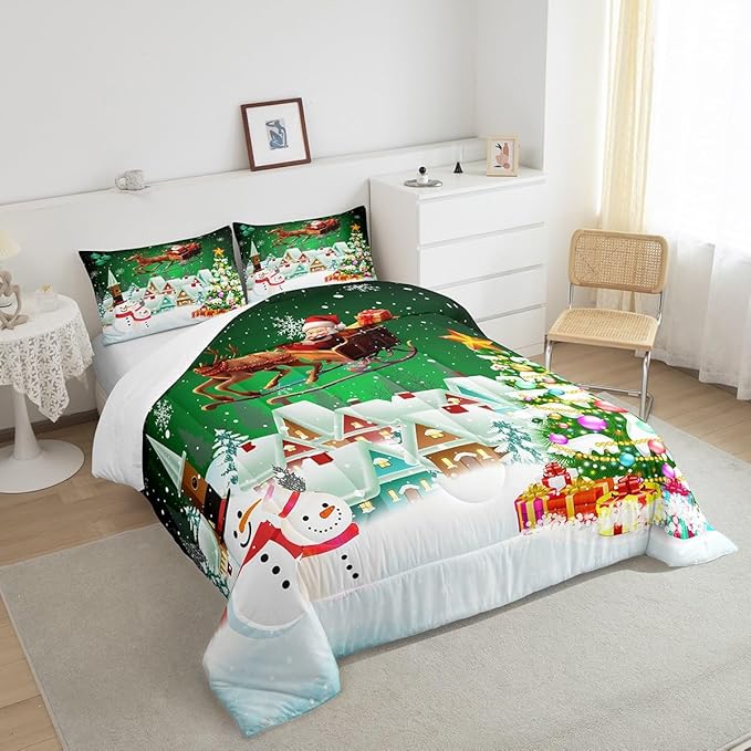 Manfei Christmas Comforter Set Twin Size, Snowman Xmas Tree Quilt Set with 1 Pillowcase, Santa Claus with Deer Bedding Set 2pcs for Kids Boys Girls Room Decor New Year Theme Duvet Insert