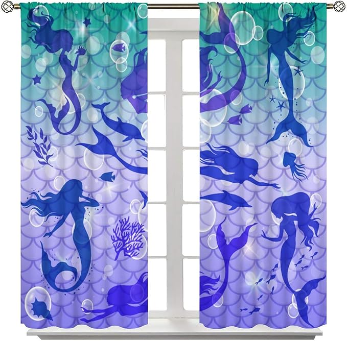 Mermaid Kids Girls Curtains Fantasy Mermaid Silhouette Ocean Theme Beautiful Blackout Window Treatment for Girls Bedroom Nursery Room Decor Rod Pocket Window Drapes 55" W X 63" L