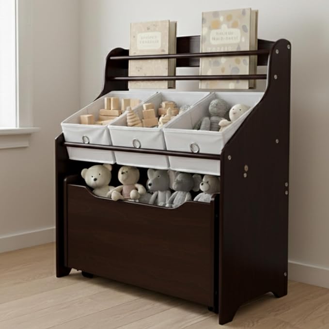 Humble Crew 3-in-1 Kids Bookshelf and Toy Storage Organizer, Espresso/White - Toddler Organizers with Rolling Toy Box and 3 Fabric Bins – Sturdy Baby Book Shelf, Perfect for Nursery and Playroom