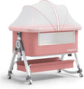 Baby Bassinet Bedside Bassinet for Baby 4 in 1 Portable Bassinet Bedside Sleeper with Wheels Mosquito Net & Storage Basket, 6 Height Adjustable Rocking Bassinet for Newborn Baby Crib