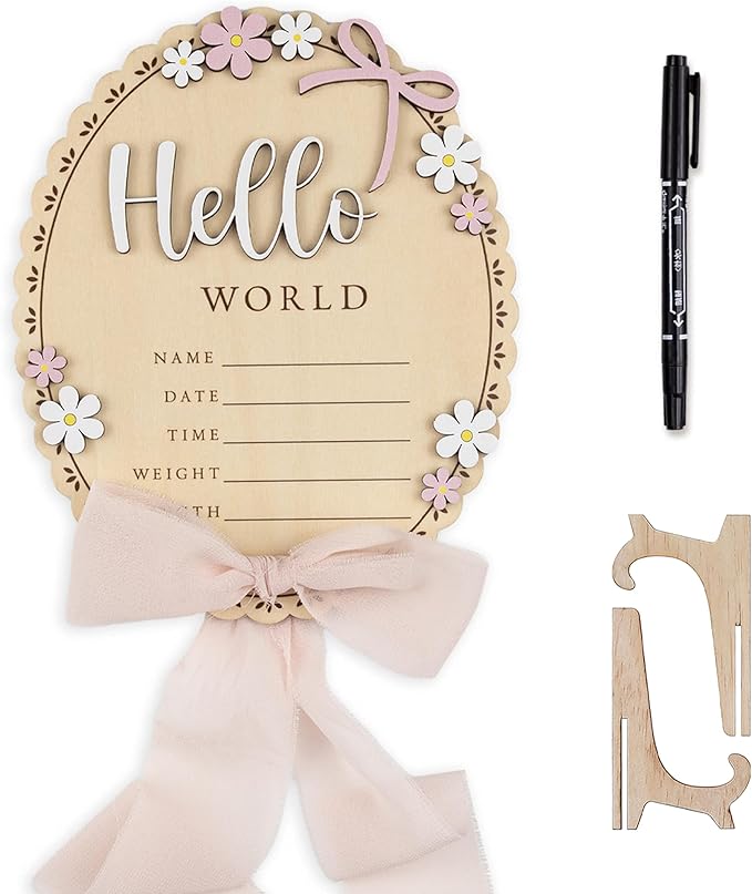Baby Announcement Sign with Stand & Marker – Hello World Wooden Name Plaque for Newborn Photoshoot, Baby Shower, Rustic Keepsake Birth Stat Sign for Hospital Birth Announcement (Light pink ribbon)