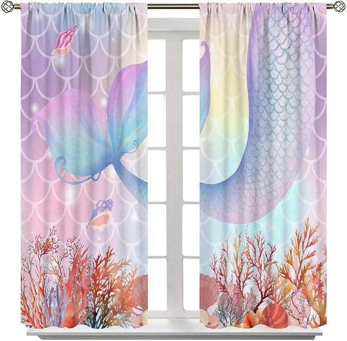 Dream Mermaid Curtains Colorful Mermaid Fish Tail Scale Fantasy Ocean Theme Beautiful Kids Window Treatment for Girls Bedroom Nursery Room Decor Rod Pocket Window Drapes 42x45in