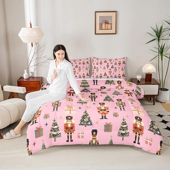 jejeloiu Xmas Nutcracker Comforter Set Twin Size Christmas Pink Bedding Set for Kids Boys Girls Cute Snowflakes Duvet Quilt Bedroom Decor