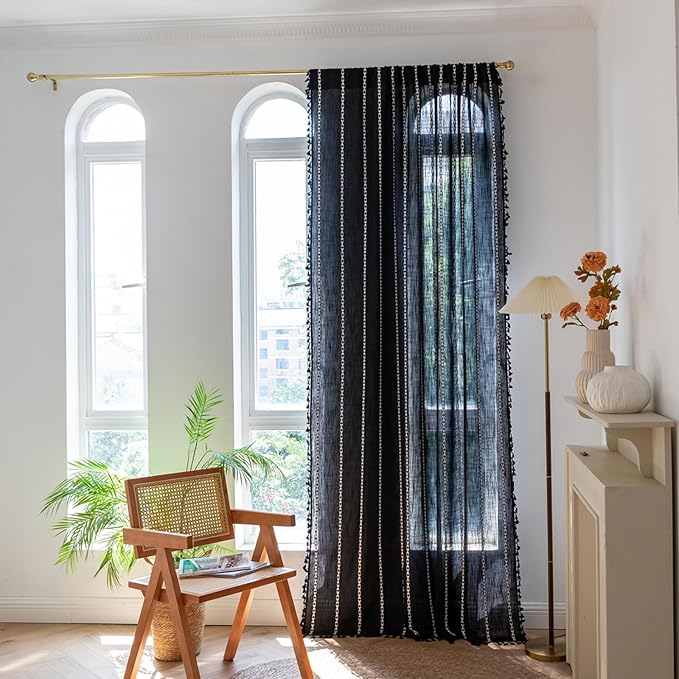 Deeprove Black Boho Curtains 63 inches Length for Kitchen, Vintage Bohemian Embroidery Farmhouse Cotton Linen French Country Tassel Window Treatments Gothic Halloween Decor, W52 x L63, 1 Panel