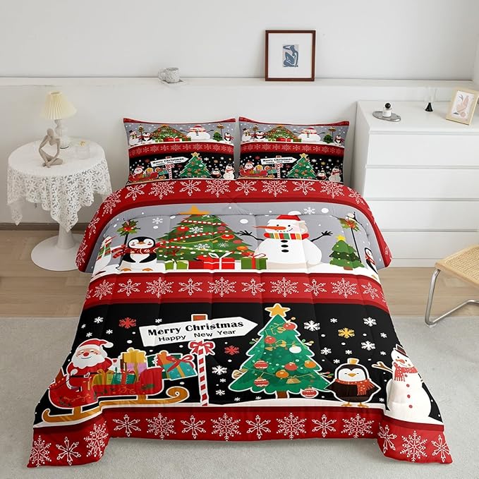 Erosebridal Christmas Tree Decor Quilts Cartoon Snowman Comforter Set for Teens Kids Boys Xmas Deer Elk Santa Claus Bedding Set for New Year Snowflake Red and Black Duvet Insert Full Size
