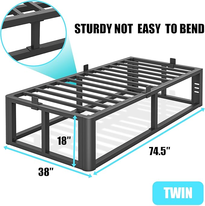 Metal Heavy Duty 18 inch Twin Bed Frame with Rounded Corner and Headboard Hole Mattress Retainers 3500 LBS No Box Spring Needed Platform Noise Free Easy Assembly