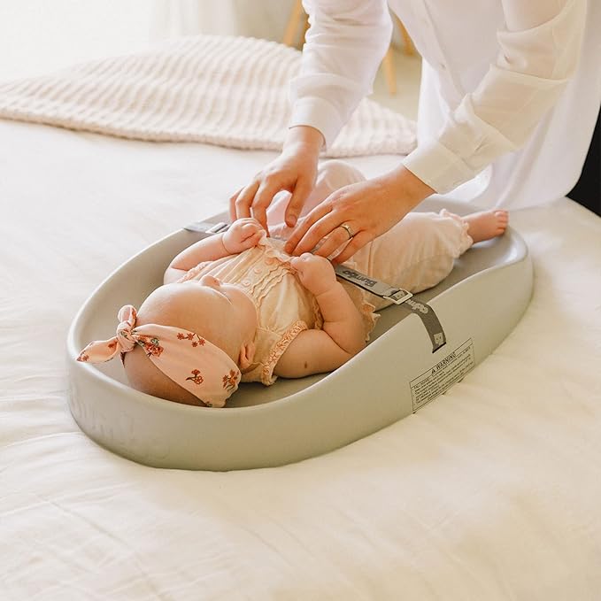 Bumbo 2 Pack Baby Changing Pads for Dresser or Table Top, Portable & Wipeable Non Slip Soft Contoured Diaper Change Station with Harness, Cool Grey