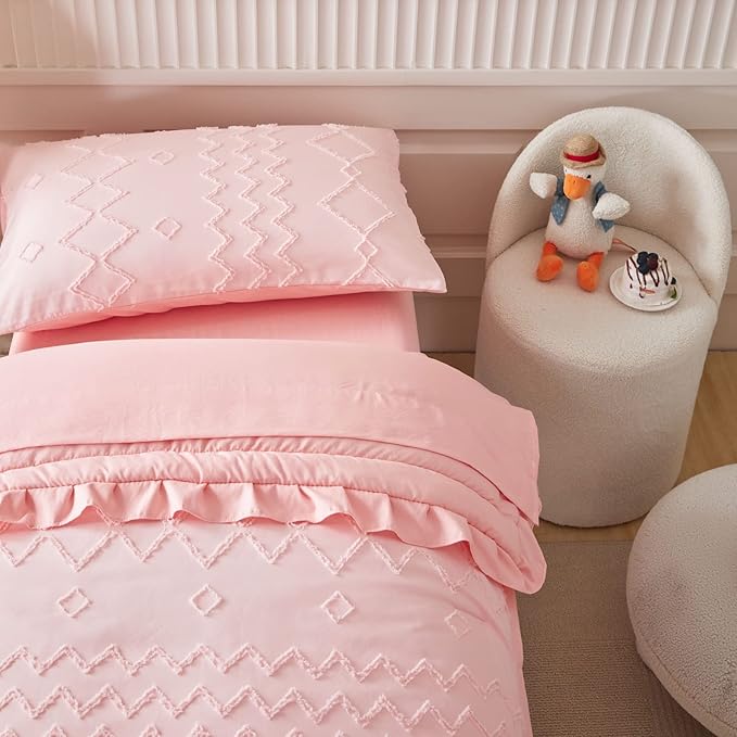 AIKASY Toddler Bedding Set 4 Pieces Super Soft Comforter Set, Shabby Boho Bohemian Design for Boys and Girls（Ruffle Fringe Comforter, Flat Sheet, Fitted Sheet and Pillowcase）- Coral Pink