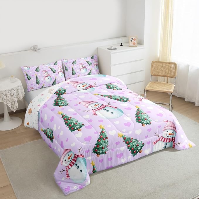 Feelyou Merry Christmas Bedding Set Soft for Boys Girls, Cute Snowman Comforter Set King Size Christmas Tree Duvet Quilt Microfiber Love Hearts 3 Pcs with 2 Pillow Cases