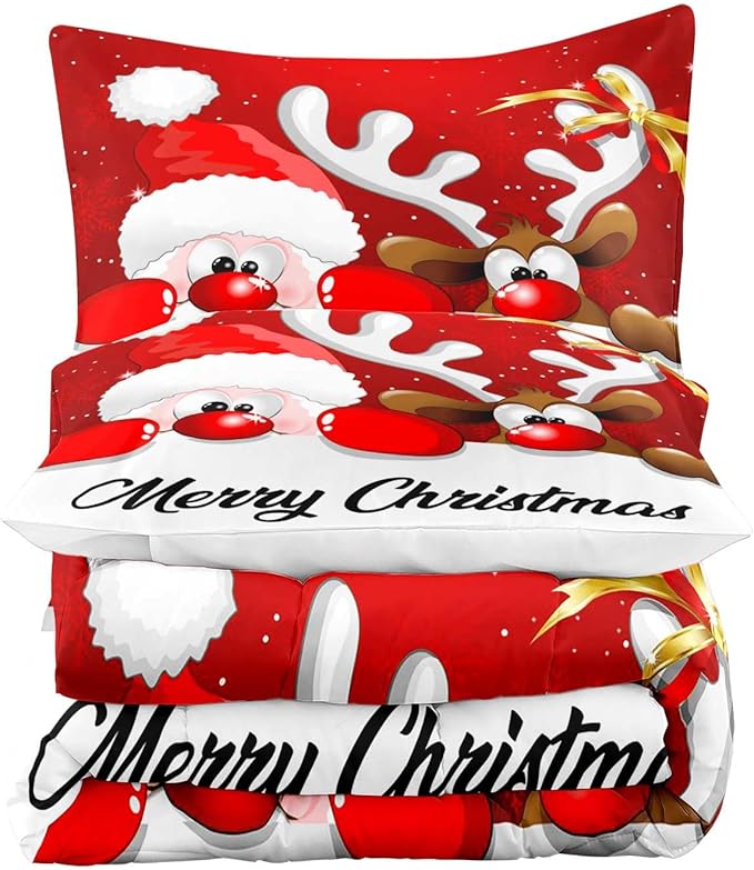LUVIVIHOME 3PCS Merry Christmas Comforter Set Full Size, Funny Santa Claus Bedding, Reindeer Cute Christmas Bedroom Decor for Kids Boys Girls Teens, Xmas Gifts, 2 Pillow Cases