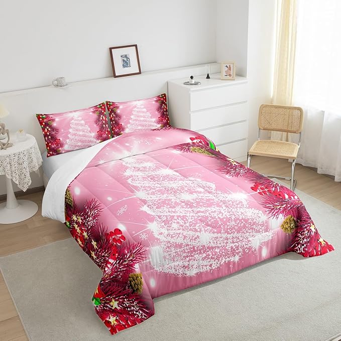 Feelyou Kids Merry Christmas Decorations Comforter Set, Kids Santa Tree Bedding Set Toddler Size for Boys Girls Teens Xmas Christmas Bell Decor Comforter Glitter Pink Quilt Set