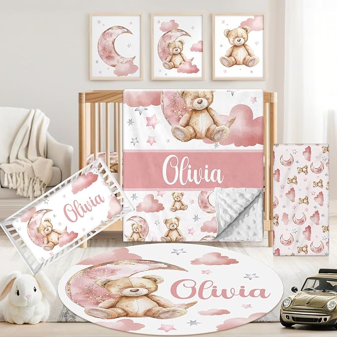 Personalized Baby Crib Bedding Set, 5 Pcs Custom Name Nursery Bedding Set for Girls Boys, Pink Bear Baby Crib Set for Toddlers Infants, Double Layer Bedding Crib Sets Customized Gifts
