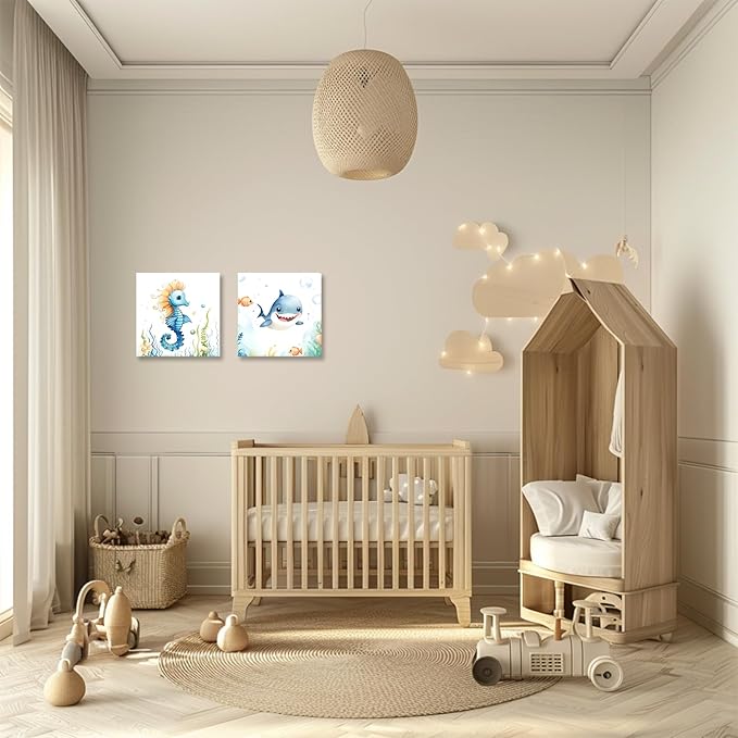 2 Piece Ocean Sea Canvas Wall Art for Nursery Decor - Cute Baby Seahorse Shark Underwater Paintings Pictures Ocean Theme Sea Life Posters Prints for Kids Room Bathroom Decor(Artwork-02, 12"x12"x2P)