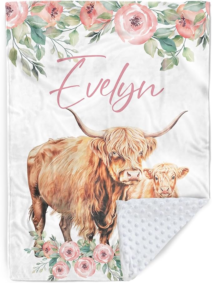 Personalized Baby Blanket for Boys, Custom Name Blanket for Girl Newborn Mom, Soft Flannel with Double Layer Dotted Backing, Gifts for Baby Shower Christmas Birthday, Highland Cow(30”x40)