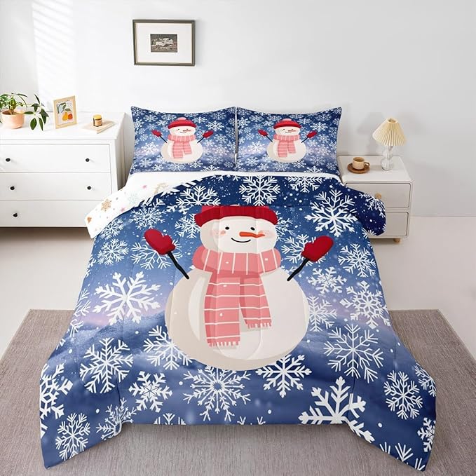 Feelyou Christmas Kids Comforter Set Full Size Snowman Purple Blue Gradient Bedding Set Xmas Snowflakes Duvet Quilt for Kids Boys Girls Bedroom Winter Snow Decor Microfiber Ultra Soft Breathable