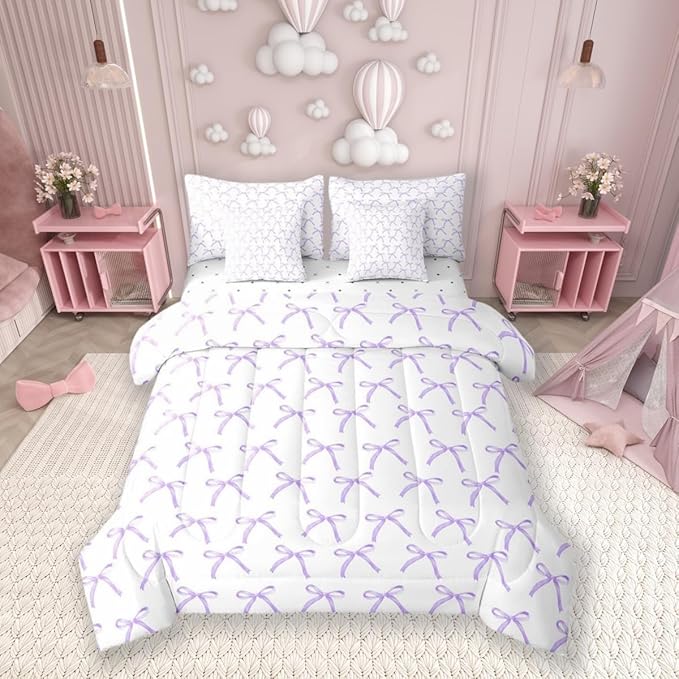 Manfei 7 Pieces Cartoon Bowknot Kids Comforter King Size,Bow Tie Knot Fashion Princess Bedding Set,Cute Bow Sketch Geometric Purple Romantic（Comforter+Fitted+Flat+2 Pillowcases+2 Throw Pillow Covers）